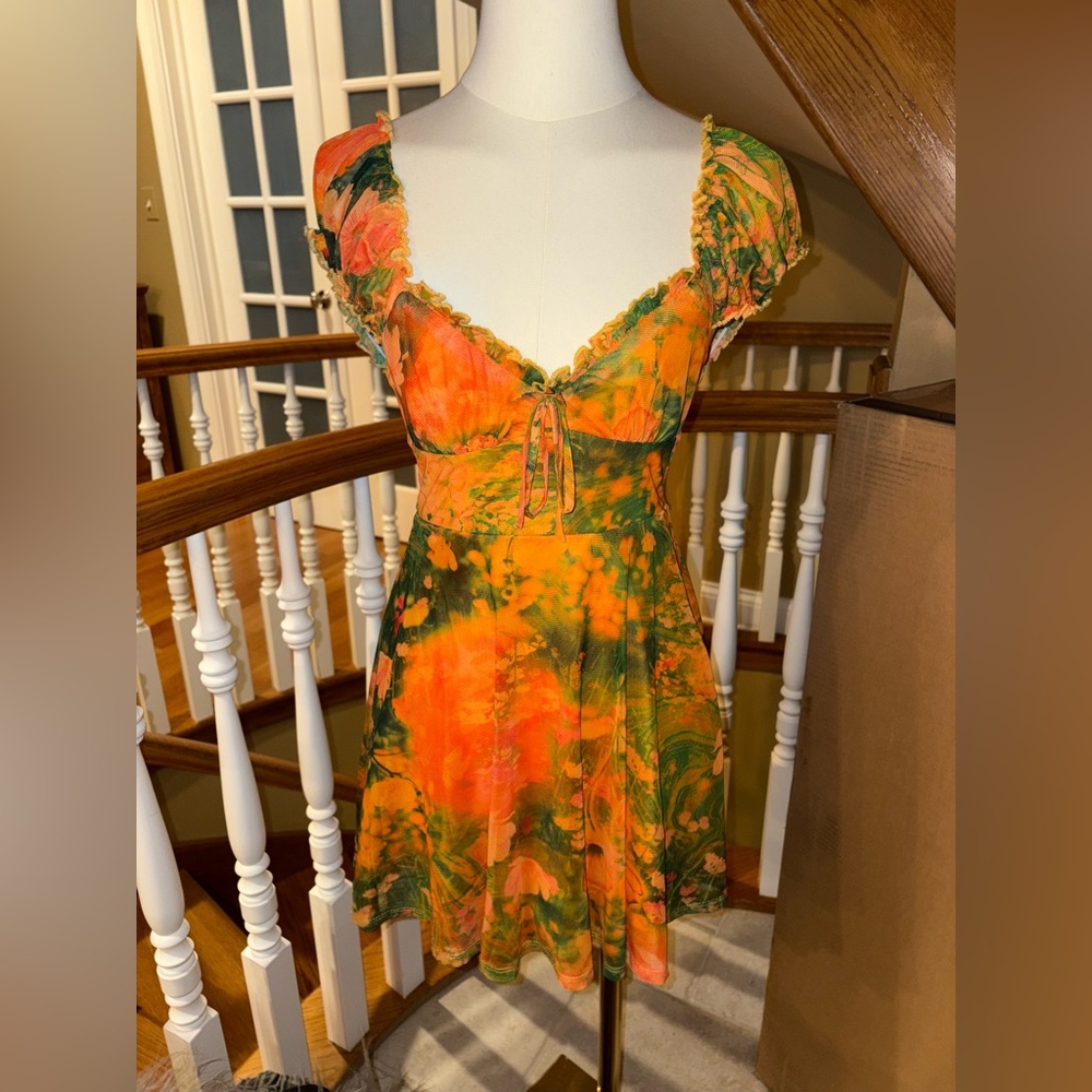 Urban Outfitters Audrey Mesh Mini Dress - Orange Floral Retro 70s